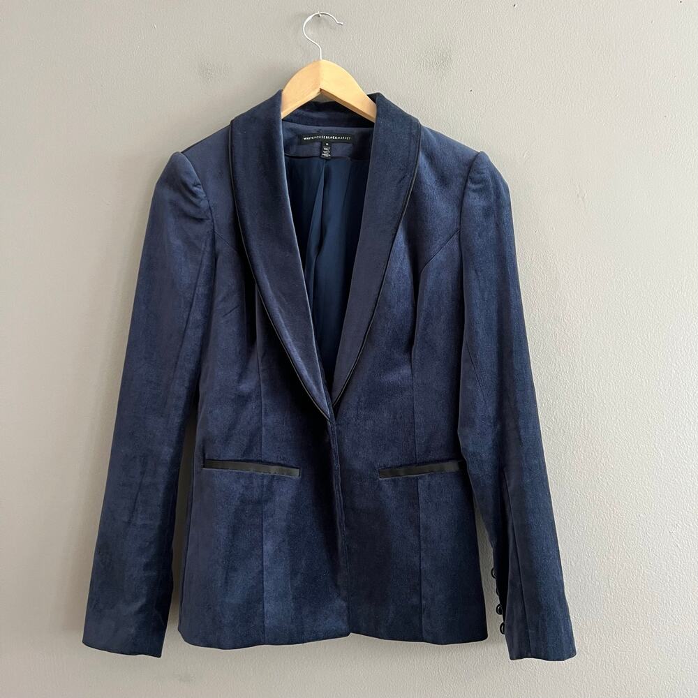 White House Black Market Velvet Tuxedo Blazer Women 0 Navy Blue Single Button